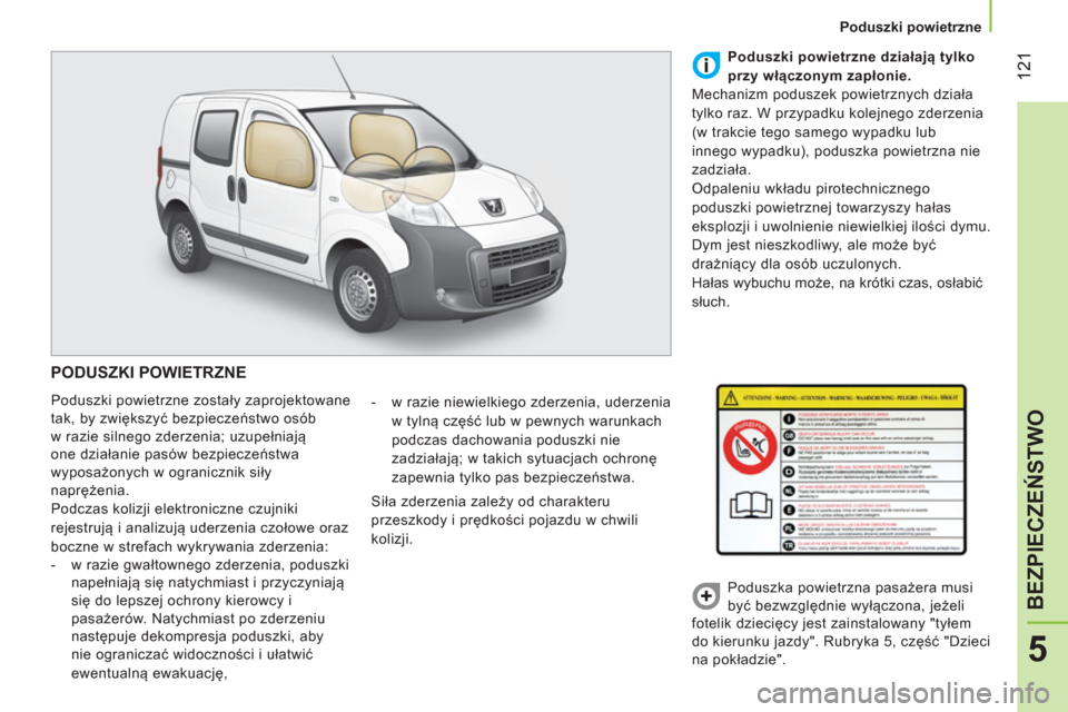 Peugeot Bipper 2014  Instrukcja Obsługi (in Polish)  121
5
BEZPIECZEŃSTWO
 
 
 
Poduszki powietrzne  
 
 
PODUSZKI POWIETRZNE 
 
Poduszki powietrzne zostały zaprojektowane 
tak, by zwiększyć bezpieczeństwo osób 
w razie silnego zderzenia; uzupeł