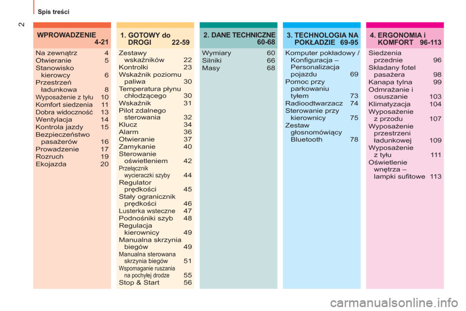 Peugeot Bipper 2014  Instrukcja Obsługi (in Polish) 2
  Spis treści 
2. DANE TECHNICZNE
   60-684.  ERGONOMIA i 
KOMFORT 96-113
Wymiary 60
Silniki 66
Masy 68 Na zewnątrz 4
Otwieranie 5
Stanowisko 
kierowcy 6
Przestrzeń 
ładunkowa 8
Wyposażenie z t