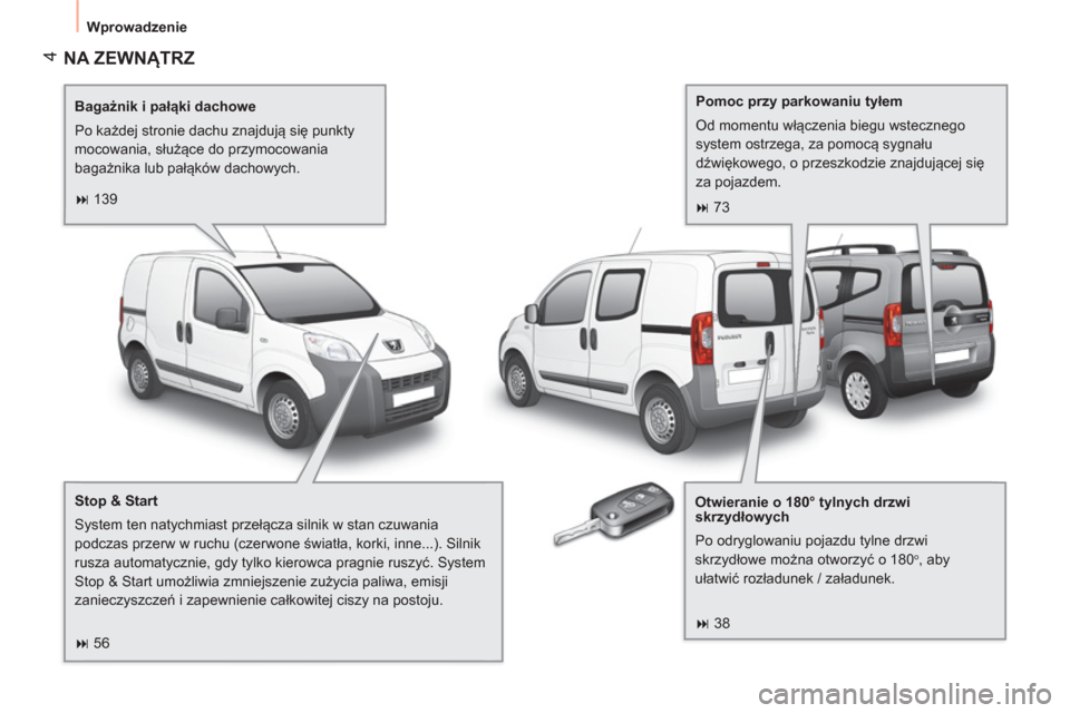 Peugeot Bipper 2014  Instrukcja Obsługi (in Polish)  4
 
Wprowadzenie 
 
NA ZEWNĄTRZ  
 
 
Bagażnik i pałąki dachowe 
  Po każdej stronie dachu znajdują się punkty 
mocowania, służące do przymocowania 
bagażnika lub pałąków dachowych.  
 