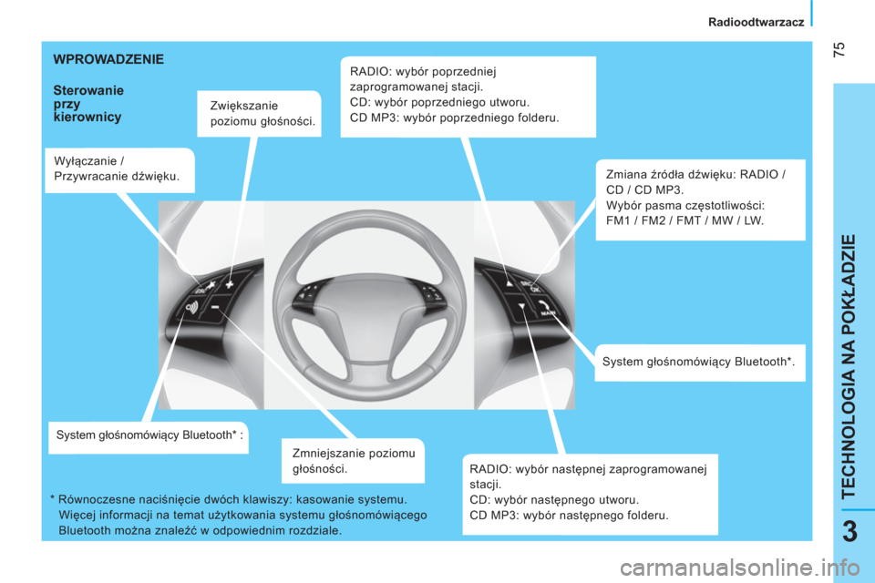 Peugeot Bipper 2014  Instrukcja Obsługi (in Polish)  75
3
TECHNOLOGIA NA POKŁADZIE
 
 
 
 
 
 
 
 
 
Radioodtwarzacz  
 
 
 
 
 
 
 
 
WPROWADZENIE 
 
 
Sterowanie 
przy 
kierownicy 
   
Zwiększanie 
poziomu głośności.  
   
Wyłączanie / 
Przywr