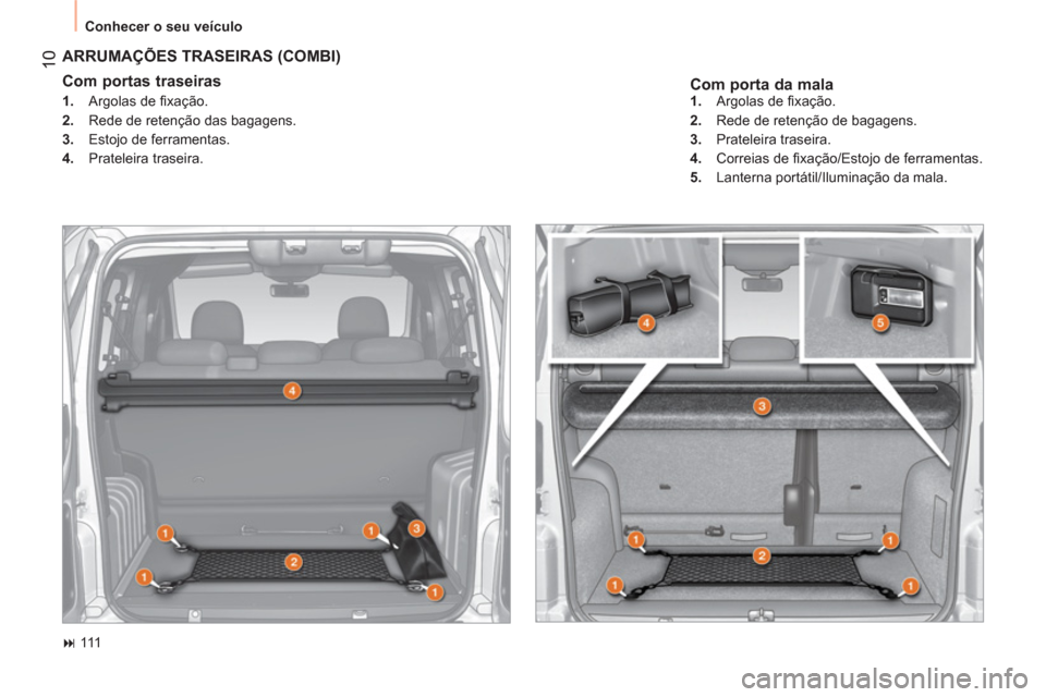 Peugeot Bipper 2014 Manual do proprietário (in Portuguese) 10
Conhecer o seu veículo
Com porta da mala
ARRUMAÇÕES TRASEIRAS (COMBI)
Com portas traseiras
1.
Argolas de fi xação.
2.
Rede de retenção das bagagens.
3 Peugeot Bipper 2014 Manual do proprietário (in Portuguese) 10
Conhecer o seu veículo
Com porta da mala
ARRUMAÇÕES TRASEIRAS (COMBI)
Com portas traseiras
1.
Argolas de fi xação.
2.
Rede de retenção das bagagens.
3