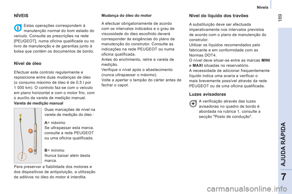 Peugeot Bipper 2014  Manual do proprietário (in Portuguese)  169
7
AJUDA RÁPIDA
 
 
 
Níveis  
 
  Estas operações correspondem à 
manutenção normal do bom estado do 
veículo. Consulte as prescrições na rede 
[PEUGEOT], numa oficina qualificada ou no