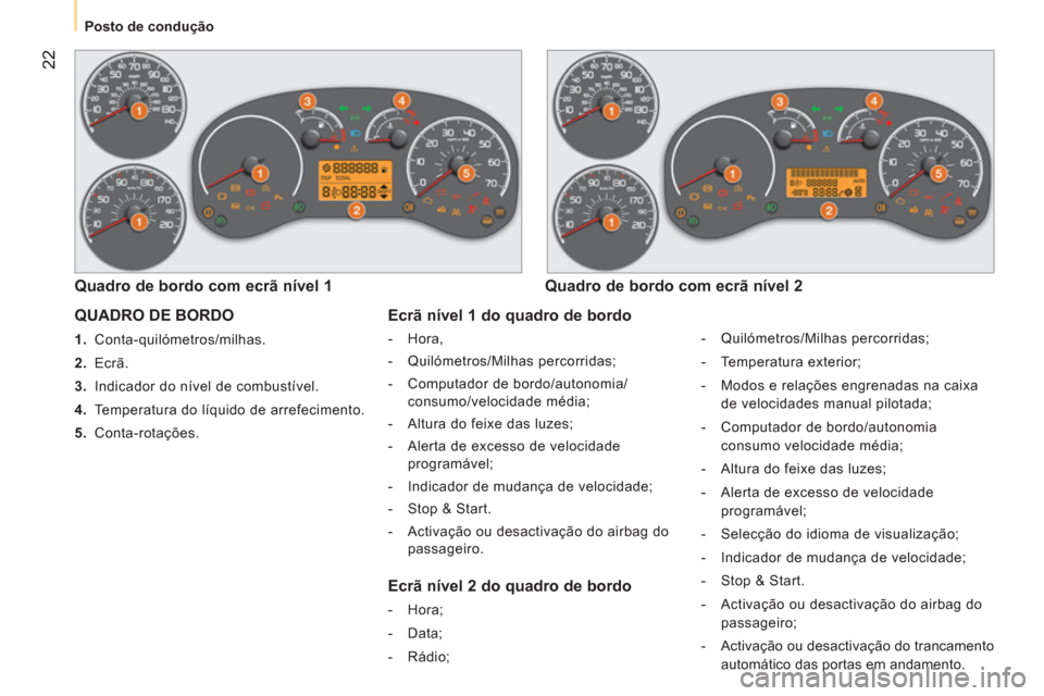 Peugeot Bipper 2014  Manual do proprietário (in Portuguese)  22
 
 
 
Posto de condução  
 
 
QUADRO DE BORDO 
 
 
 
1. 
 Conta-quilómetros/milhas. 
   
2. 
 Ecrã. 
   
3. 
  Indicador do nível de combustível. 
   
4. 
  Temperatura do líquido de arrefe