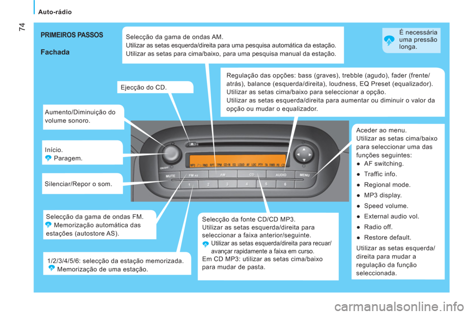 Peugeot Bipper 2014  Manual do proprietário (in Portuguese)  74
 
 
 
Auto-rádio  
 
 
Aumento/Diminuição do 
volume sonoro. 
  Início. 
  Paragem. 
  Silenciar/Repor o som. 
  Selecção da fonte CD/CD MP3. 
  Utilizar as setas esquerda/direita para 
sele