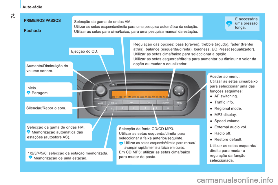 Peugeot Bipper 2014 Manual do proprietário (in Portuguese) 74
Auto-rádio
Aumento/Diminuição do
volume sonoro.
Início.
Paragem.
Silenciar/Repor o som.
Selecção da fonte CD/CD MP3.
Utilizar as setas esquerda/direita para
sele Peugeot Bipper 2014 Manual do proprietário (in Portuguese) 74
Auto-rádio
Aumento/Diminuição do
volume sonoro.
Início.
Paragem.
Silenciar/Repor o som.
Selecção da fonte CD/CD MP3.
Utilizar as setas esquerda/direita para
sele