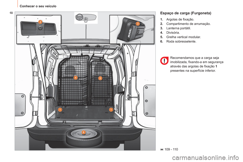 Peugeot Bipper 2014  Manual do proprietário (in Portuguese)  8
 
Conhecer o seu veículo 
 
Espaço de carga (Furgoneta) 
 
 
 
1. 
 Argolas de ﬁ xação. 
   
2. 
  Compartimento de arrumação. 
   
3. 
 Lanterna portátil. 
   
4. 
 Divisória. 
   
5. 
 