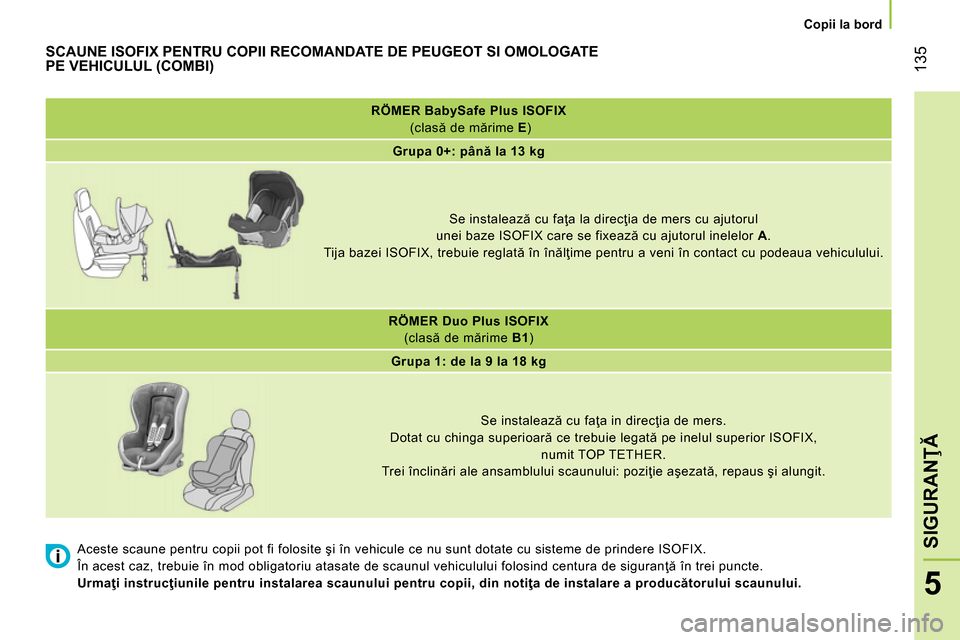 Peugeot Bipper 2014  Manualul de utilizare (in Romanian)  135
5
SIGURANŢĂ
 
 
 
Copii la bord  
 
 
 
 
RÖMER BabySafe Plus ISOFIX    
 (clasă de mărime  E 
)  
   
 
Grupa 0+: până la 13 kg  
 
   
 
    
Se instalează cu faţa la direcţia de mers