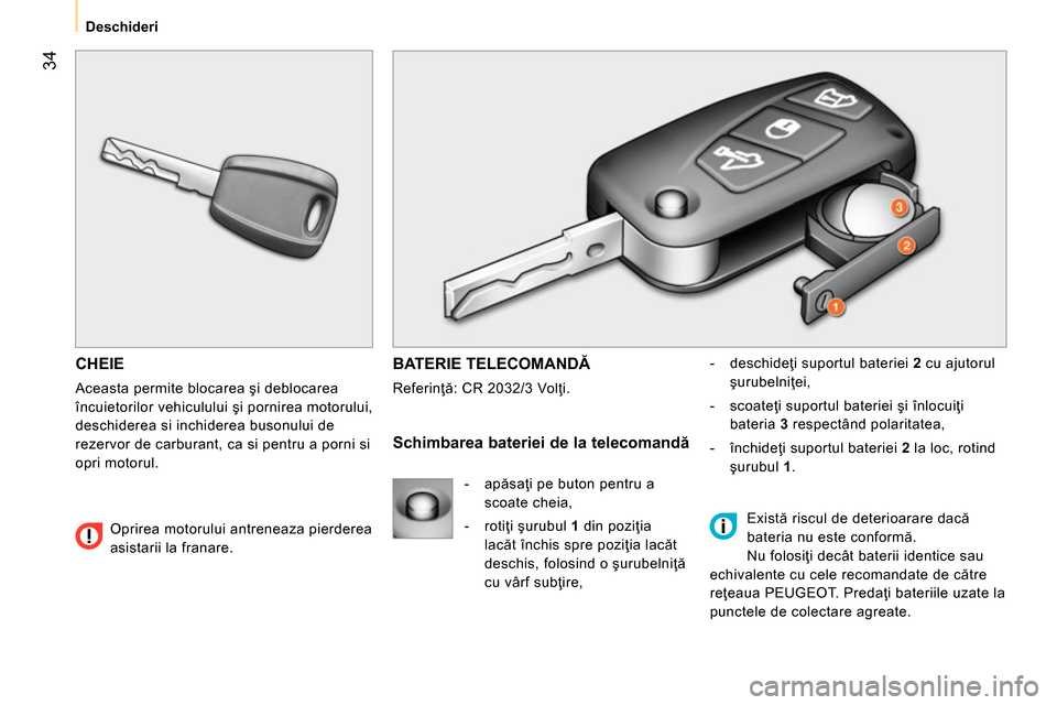 Peugeot Bipper 2014 Manualul de utilizare (in Romanian) 34
Deschideri
CHEIE
Aceasta permite blocarea şi deblocarea
încuietorilor vehiculului şi pornirea motorului,
deschiderea si inchiderea busonului de
rezervor de carburant, ca si pe Peugeot Bipper 2014 Manualul de utilizare (in Romanian) 34
Deschideri
CHEIE
Aceasta permite blocarea şi deblocarea
încuietorilor vehiculului şi pornirea motorului,
deschiderea si inchiderea busonului de
rezervor de carburant, ca si pe