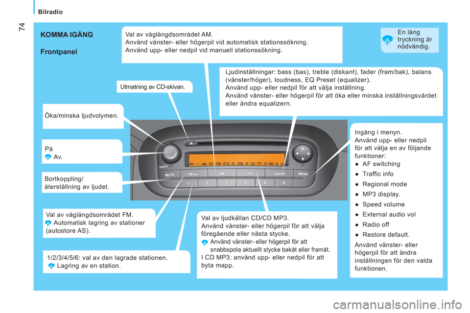 Peugeot Bipper 2014  Ägarmanual (in Swedish)  74
 
 
 
Bilradio  
 
 
Öka/minska ljudvolymen. 
  På 
  Av. 
  Bortkoppling/
återställning av ljudet. 
  Val av ljudkällan CD/CD MP3. 
  Använd vänster- eller högerpil för att välja 
före