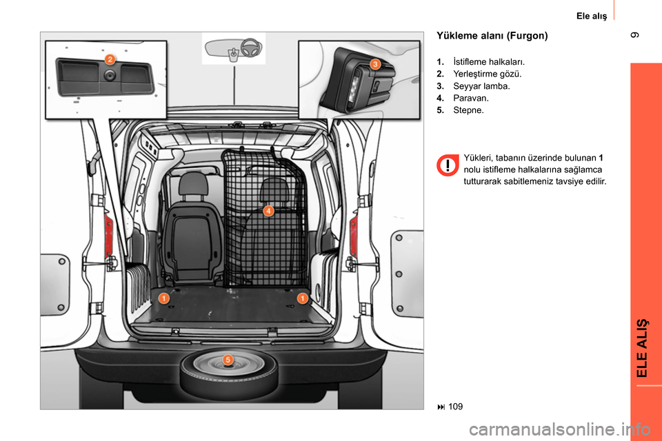 Peugeot Bipper 2014  Kullanım Kılavuzu (in Turkish)  9
ELE ALIŞ
 
Ele alış 
 
 
Yükleme alanı (Furgon) 
 
 
 
1. 
 İstiﬂ eme halkaları. 
   
2. 
 Yerleştirme gözü. 
   
3. 
 Seyyar lamba. 
   
4. 
 Paravan. 
   
5. 
 Stepne.  
  Yükleri, t