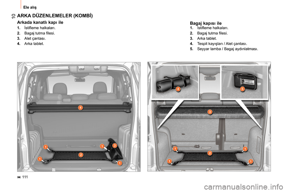 Peugeot Bipper 2014  Kullanım Kılavuzu (in Turkish)  10
 
Ele alış 
 
 
Bagaj kapısı ile 
 
ARKA DÜZENLEMELER (KOMBİ) 
 
 
Arkada kanatlı kapı ile  
 
 
 
1. 
 İstiﬂ eme halkaları. 
   
2. 
 Bagaj tutma ﬁ lesi. 
   
3. 
 Alet çantası. 
