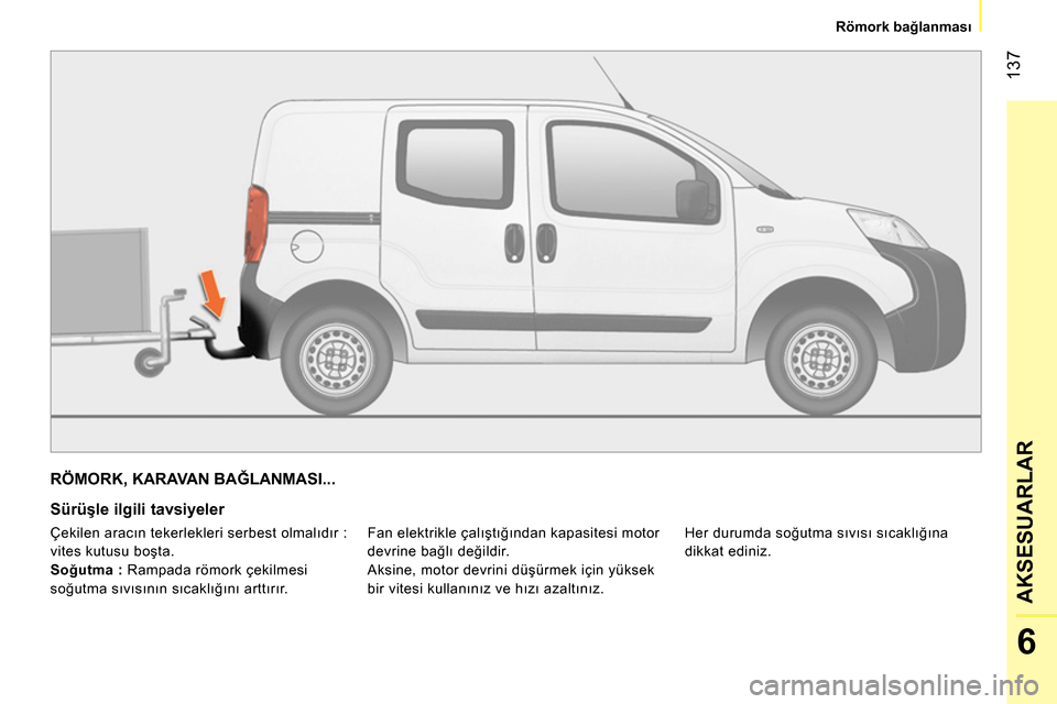 Peugeot Bipper 2014 Kullanım Kılavuzu (in Turkish) 137
6
AKSESUARLAR
Römork bağlanması
RÖMORK, KARAVAN BAĞLANMASI...
Sürüşle ilgili tavsiyeler
Fan elektrikle çalıştığından kapasitesi motor
devrine bağlı değildir Peugeot Bipper 2014 Kullanım Kılavuzu (in Turkish) 137
6
AKSESUARLAR
Römork bağlanması
RÖMORK, KARAVAN BAĞLANMASI...
Sürüşle ilgili tavsiyeler
Fan elektrikle çalıştığından kapasitesi motor
devrine bağlı değildir