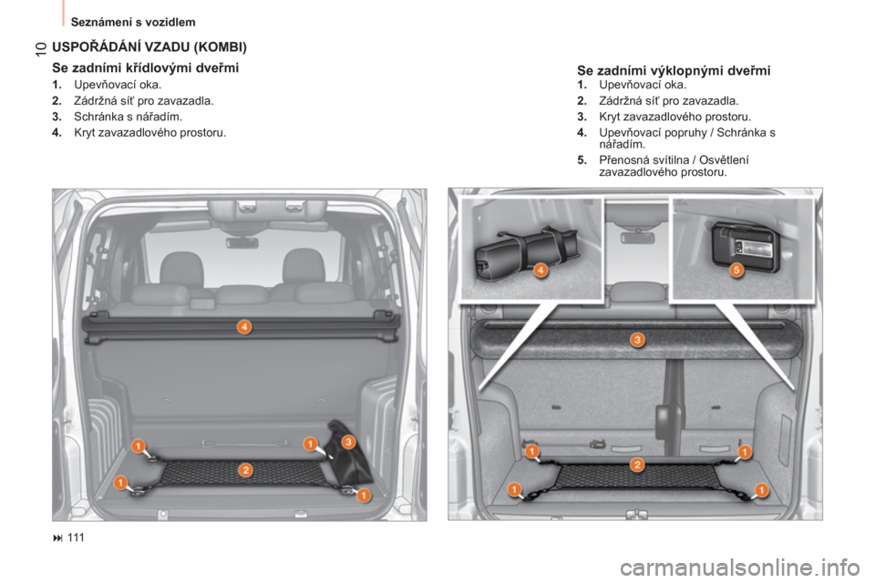Peugeot Bipper 2014  Návod k obsluze (in Czech)  10
 
Seznámení s vozidlem 
 
 
Se zadními výklopnými dveřmi 
 
USPOŘÁDÁNÍ VZADU (KOMBI) 
 
 
Se zadními křídlovými dveřmi  
 
 
 
1. 
 Upevňovací oka. 
   
2. 
 Zádržná síť pro 