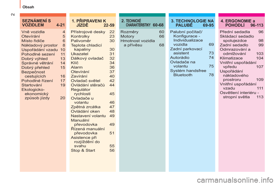 Peugeot Bipper 2014  Návod k obsluze (in Czech) 2
 Obsah 
2.   TECHNICKÉ 
CHARAKTERISTIKY 60-684.  ERGONOMIE a 
POHODLÍ 96-113 SEZNÁMENÍ S 
VOZIDLEM 4-213.  TECHNOLOGIE NA 
PALUBĚ 69-95 1.  PŘIPRAVENI K 
JÍZDĚ 22-59
Vně vozidla  4
Otevír�
