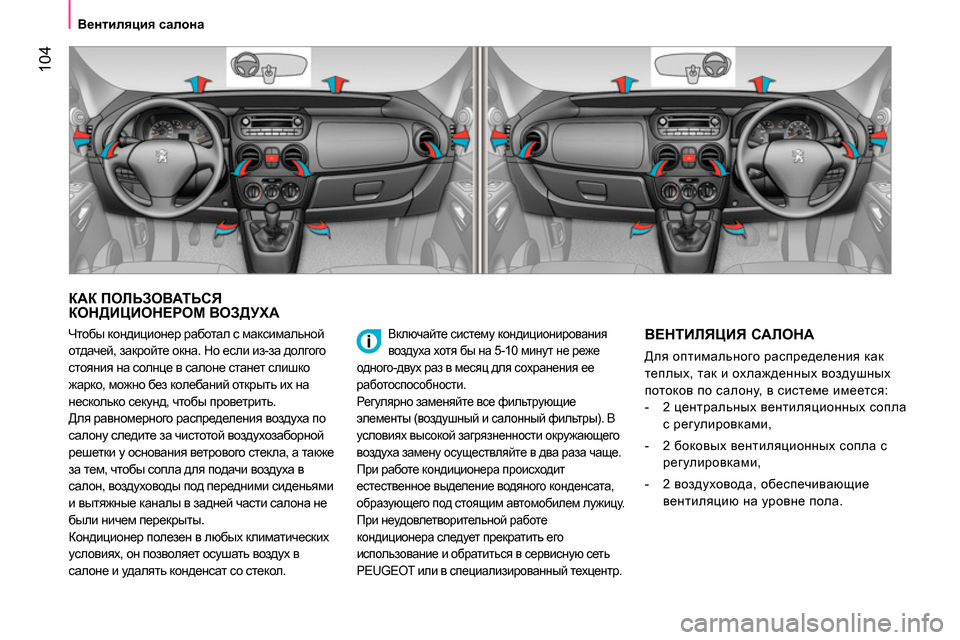 Peugeot Bipper 2014 Инструкция по эксплуатации (in Russian) 104
Вентиляция салона
КАК ПОЛЬЗОВАТЬСЯ
КОНДИЦИОНЕРОМ ВОЗДУХА
Включайте систему кондиционирования
Peugeot Bipper 2014 Инструкция по эксплуатации (in Russian) 104
Вентиляция салона
КАК ПОЛЬЗОВАТЬСЯ
КОНДИЦИОНЕРОМ ВОЗДУХА
Включайте систему кондиционирования