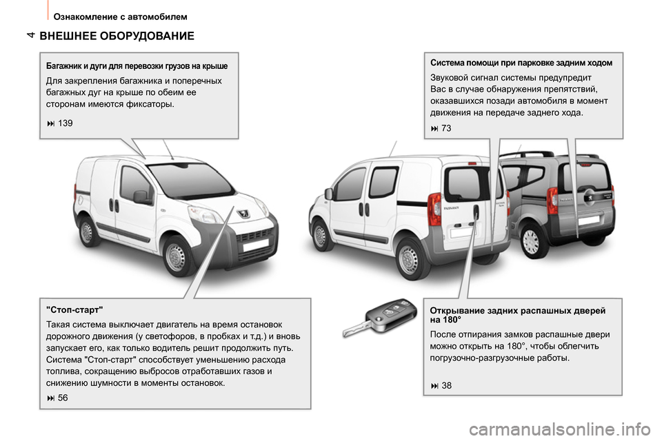 Peugeot Bipper 2014  Инструкция по эксплуатации (in Russian)  4
 
Ознакомление с автомобилем 
 
ВНЕШНЕЕ ОБОРУДОВАНИЕ 
 
 
 
Багажник и дуги для перевозки грузов на крыше 
 
Для 