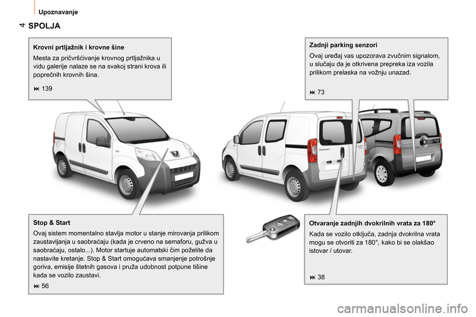 Peugeot Bipper 2014 Упутство за употребу (in Serbian) 4
Upoznavanje
SPOLJA
Krovni prtljažnik i krovne šine
Mesta za pričvršćivanje krovnog prtljažnika u
vidu galerije nalaze se na svakoj strani krova ili
poprečnih krovnih šina. Peugeot Bipper 2014 Упутство за употребу (in Serbian) 4
Upoznavanje
SPOLJA
Krovni prtljažnik i krovne šine
Mesta za pričvršćivanje krovnog prtljažnika u
vidu galerije nalaze se na svakoj strani krova ili
poprečnih krovnih šina.