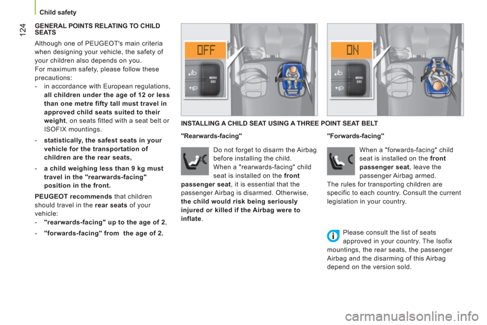 Peugeot Bipper 2011 Owners Manual 124
Child safety
GENERAL POINTS RELATING TO CHILD
SEATS
Although one of PEUGEOTs main criteria
when designing your vehicle, the safety of
your children also depends on you.
F Peugeot Bipper 2011 Owners Manual 124
Child safety
GENERAL POINTS RELATING TO CHILD
SEATS
Although one of PEUGEOTs main criteria
when designing your vehicle, the safety of
your children also depends on you.
F