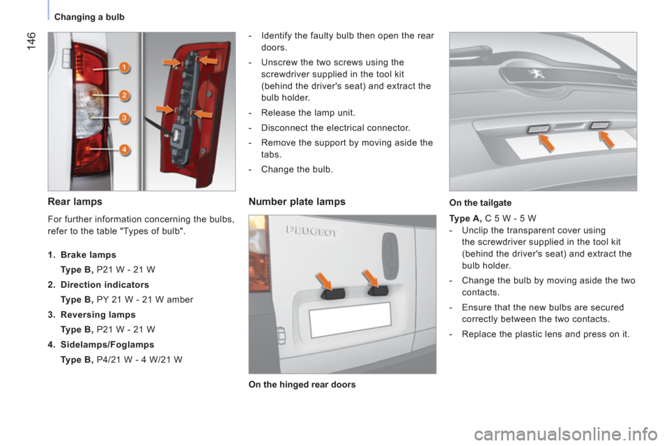 Peugeot Bipper 2011  Owners Manual 14
6
   
 
Changing a bulb  
 
 
 
Rear lamps  
 
 
 
-   Identify the faulty bulb then open the rear 
doors. 
   
-   Unscrew the two screws using the 
screwdriver supplied in the tool kit 
(behind t