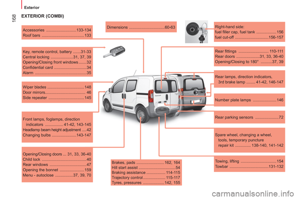 Peugeot Bipper 2011  Owners Manual 168
   
 
 
 
 
Exterior  
 
 
 
 
 
 
EXTERIOR (COMBI) 
 
 
Brakes, pads ......................... 162, 164 
  Hill start assist ................................. 54 
  Braking assistance ...........