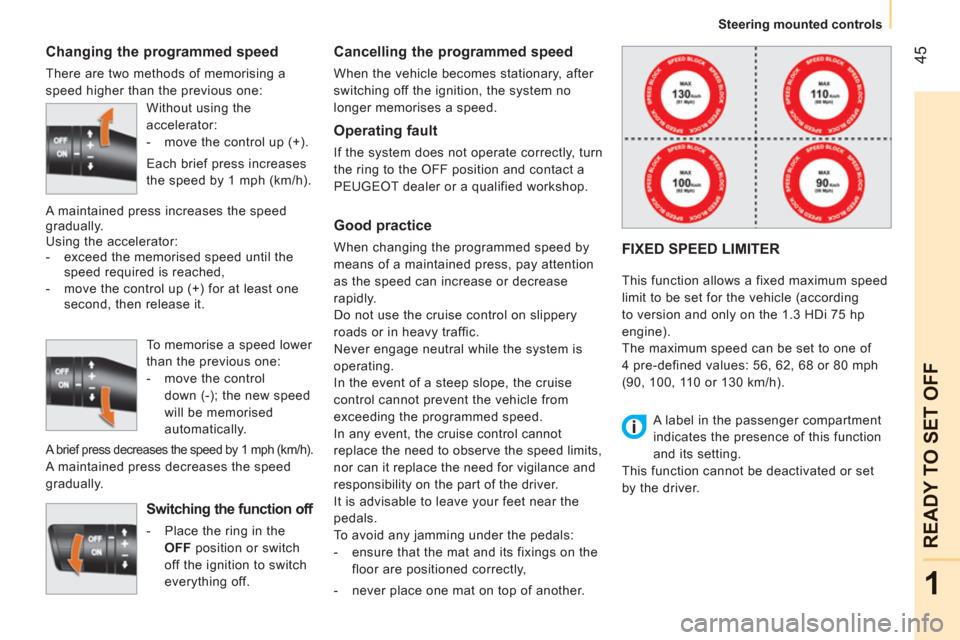 Peugeot Bipper 2011 Service Manual 45
1
READY TO SET OFF
Steering mounted controls
   
Changing the programmed speed 
 
There are two methods of memorising a 
speed higher than the previous one: 
   
Switching the function off 
 
 
 
-