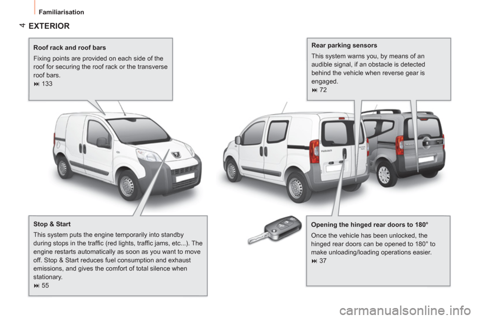 Peugeot Bipper 2011  Owners Manual 4
  Familiarisation 
 
EXTERIOR  
 
 
Roof rack and roof bars 
  Fixing points are provided on each side of the 
roof for securing the roof rack or the transverse 
roof bars. 
   
 
� 
 133  
 
   
O