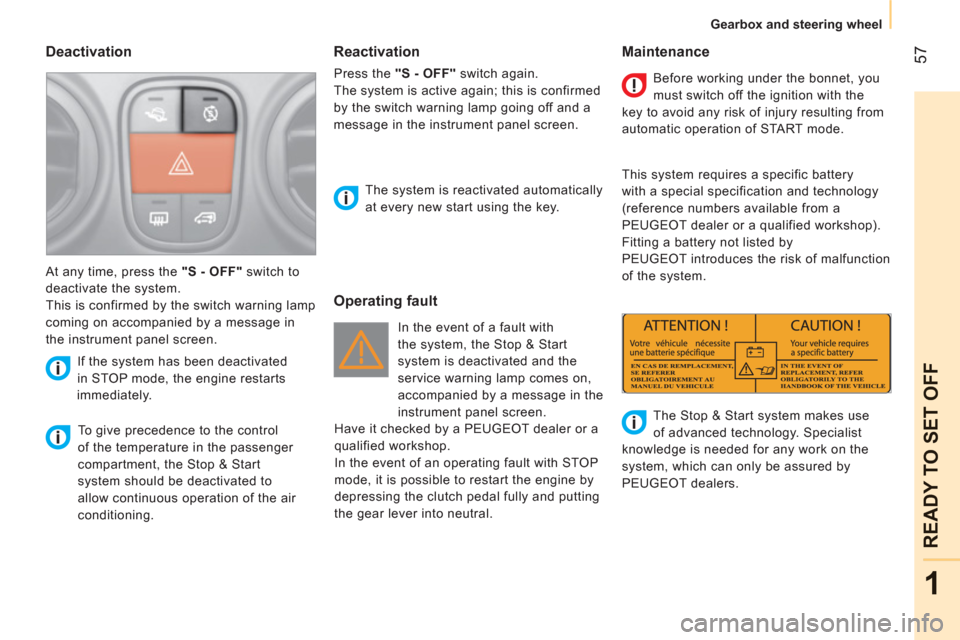 Peugeot Bipper 2011  Owners Manual 57
1
READY TO SET OFF
   
 
Gearbox and steering wheel  
 
 
 
Deactivation 
 
 
To give precedence to the control 
of the temperature in the passenger 
compartment, the Stop & Start 
system should be