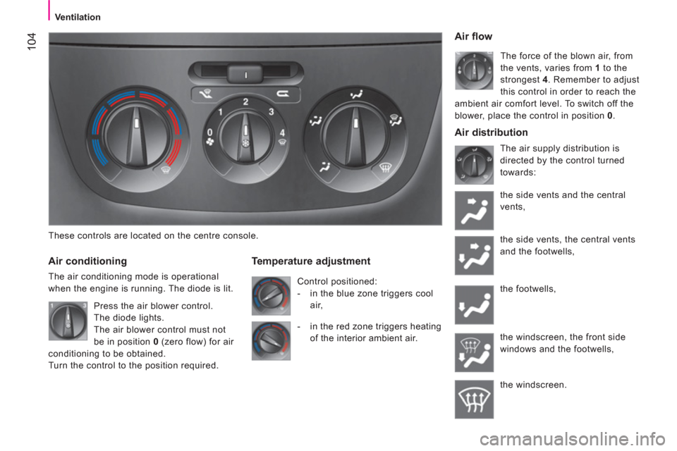 Peugeot Bipper 2011 Owners Manual - RHD (UK, Australia) 104
Ventilation
These controls are located on the centre console.
Air conditioning
The air conditioning mode is operational
when the en
gine is running. The diode is lit.
Temperature adjustm Peugeot Bipper 2011 Owners Manual - RHD (UK, Australia) 104
Ventilation
These controls are located on the centre console.
Air conditioning
The air conditioning mode is operational
when the en
gine is running. The diode is lit.
Temperature adjustm