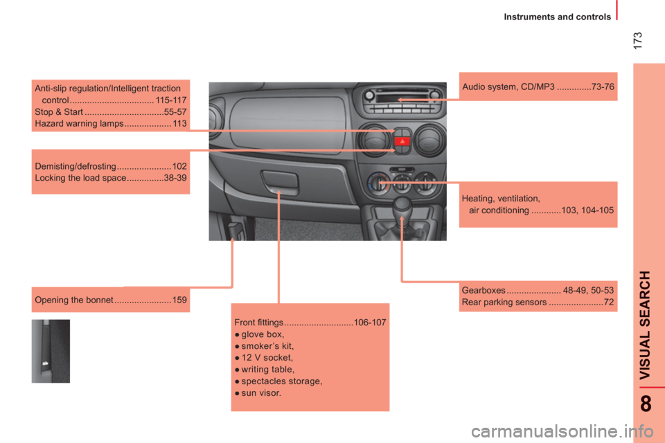 Peugeot Bipper 2011 Owners Manual - RHD (UK, Australia) 17
3
8
VISUAL SEARCH
Instruments and controls
Anti-slip regulation/Intelligent traction
control .................................. 115-117
Stop & Start ................................55- Peugeot Bipper 2011 Owners Manual - RHD (UK, Australia) 17
3
8
VISUAL SEARCH
Instruments and controls
Anti-slip regulation/Intelligent traction
control .................................. 115-117
Stop & Start ................................55-