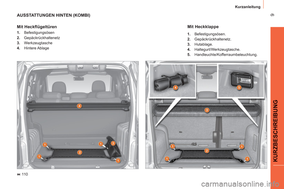 Peugeot Bipper 2011  Betriebsanleitung (in German) 9
KURZBESCHREIBUN
G
Kurzanleitung
  AUSSTATTUNGEN HINTEN (KOMBI) 
 
 
 
� 
 110  
 
 
Mit Heckflügeltüren  
 
 
 
1. 
 Befestigungsösen 
   
2. 
 Gepäckrückhaltenetz 
   
3. 
 Werkzeugtasche 
  