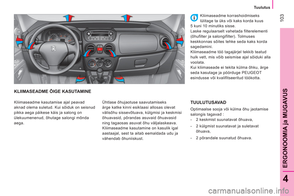 Peugeot Bipper 2011 Omaniku käsiraamat (in Estonian) 103
4
ERGONOOMIA
ja MUGAVU
S
Tuulutus
KLIIMASEADME ÕIGE KASUTAMINE
Ühtlase õhujaotuse saavutamiseks
ärge katke kinni esiklaasi allosas olevat
välisõhu sissevõtuava, külgmisi ja Peugeot Bipper 2011 Omaniku käsiraamat (in Estonian) 103
4
ERGONOOMIA
ja MUGAVU
S
Tuulutus
KLIIMASEADME ÕIGE KASUTAMINE
Ühtlase õhujaotuse saavutamiseks
ärge katke kinni esiklaasi allosas olevat
välisõhu sissevõtuava, külgmisi ja