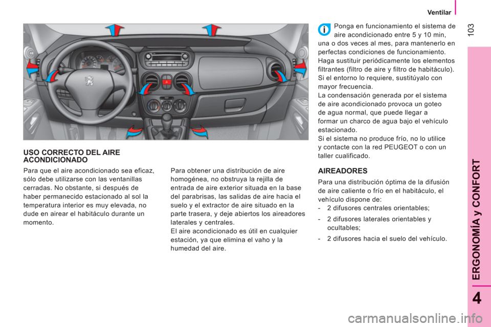 Peugeot Bipper 2011 Manual del propietario (in Spanish) 103
4
ERGONOMÍA
y CONFOR
T
Ventilar
USO CORRECTO DEL AIREACONDICIONADO
Para obtener una distribución de aire
homogénea, no obstruya la rejilla de
entrada de aire exterior Peugeot Bipper 2011 Manual del propietario (in Spanish) 103
4
ERGONOMÍA
y CONFOR
T
Ventilar
USO CORRECTO DEL AIREACONDICIONADO
Para obtener una distribución de aire
homogénea, no obstruya la rejilla de
entrada de aire exterior