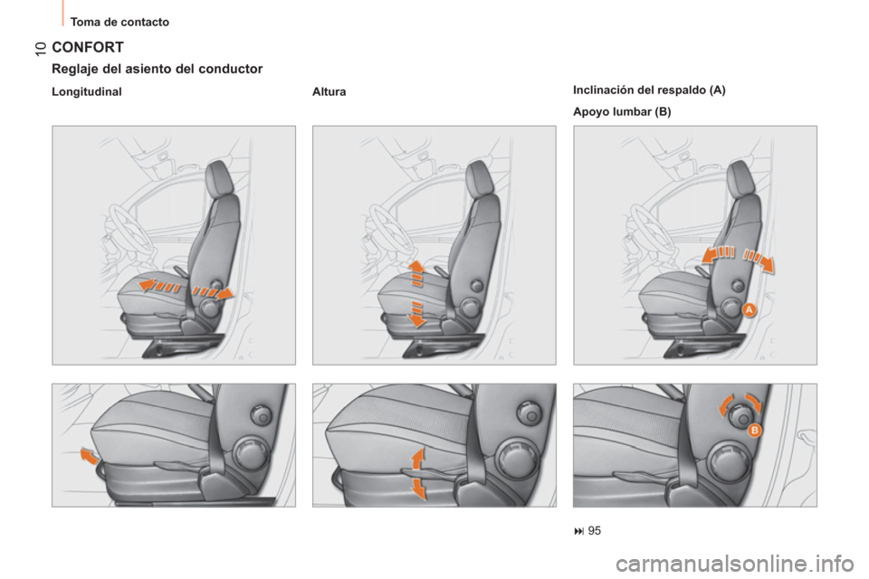 Peugeot Bipper 2011  Manual del propietario (in Spanish) 10
  Toma de contacto 
 
CONFORT
 
 
Reglaje del asiento del conductor 
 
 
Longitudinal    
Altura  
 
    
Inclinación del respaldo (A) 
  Apoyo lumbar (B) 
   
 
� 
 95  
 
  