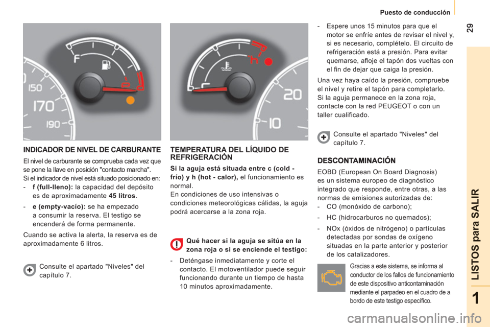 Peugeot Bipper 2011  Manual del propietario (in Spanish) 1
LISTOS 
para SALIR
   
 
Puesto de conducción  
 
INDICADOR DE NIVEL DE CARBURANTE 
 
El nivel de carburante se comprueba cada vez que 
se pone la llave en posición "contacto marcha". 
 Si el indi
