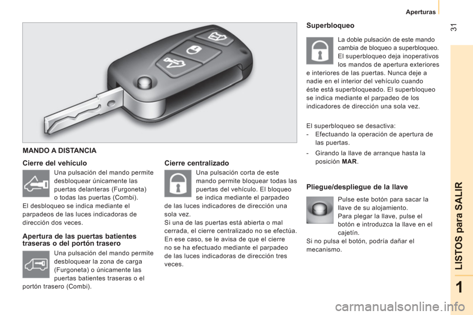 Peugeot Bipper 2011  Manual del propietario (in Spanish) 31
1
LISTOS 
para SALIR
Aperturas
   
Cierre centralizado 
   
Pliegue/despliegue de la llave     
Cierre del vehículo 
   
Apertura de las puertas batientes 
traseras o del portón trasero 
  Pulse 