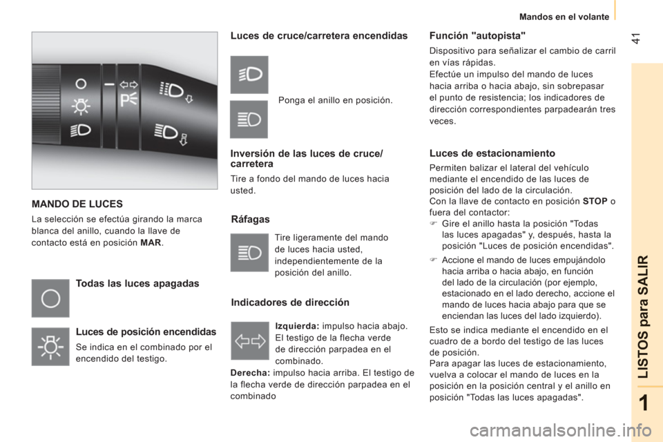 Peugeot Bipper 2011 Manual del propietario (in Spanish) 41
1
LISTOS
para SALIR
Mandos en el volante
MANDO DE LUCES
La selección se efectúa girando la marca
blanca del anillo, cuando la llave de
contacto está en posición MAR .
Todas las luce Peugeot Bipper 2011 Manual del propietario (in Spanish) 41
1
LISTOS
para SALIR
Mandos en el volante
MANDO DE LUCES
La selección se efectúa girando la marca
blanca del anillo, cuando la llave de
contacto está en posición MAR .
Todas las luce