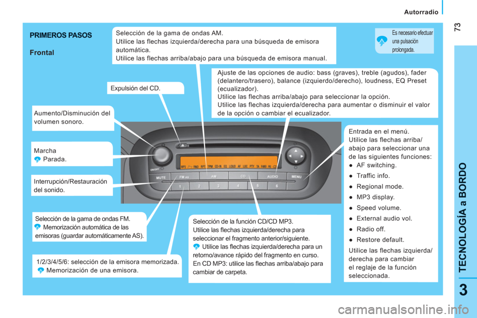 Peugeot Bipper 2011  Manual del propietario (in Spanish) 3
TECNOLOGÍA a BORDO
   
 
Autorradio
  Aumento/Disminución del 
volumen sonoro. 
  Marcha 
  Parada. 
  Interrupción/Restauración 
del sonido. 
  Selección de la función CD/CD MP3. 
  Utilice l