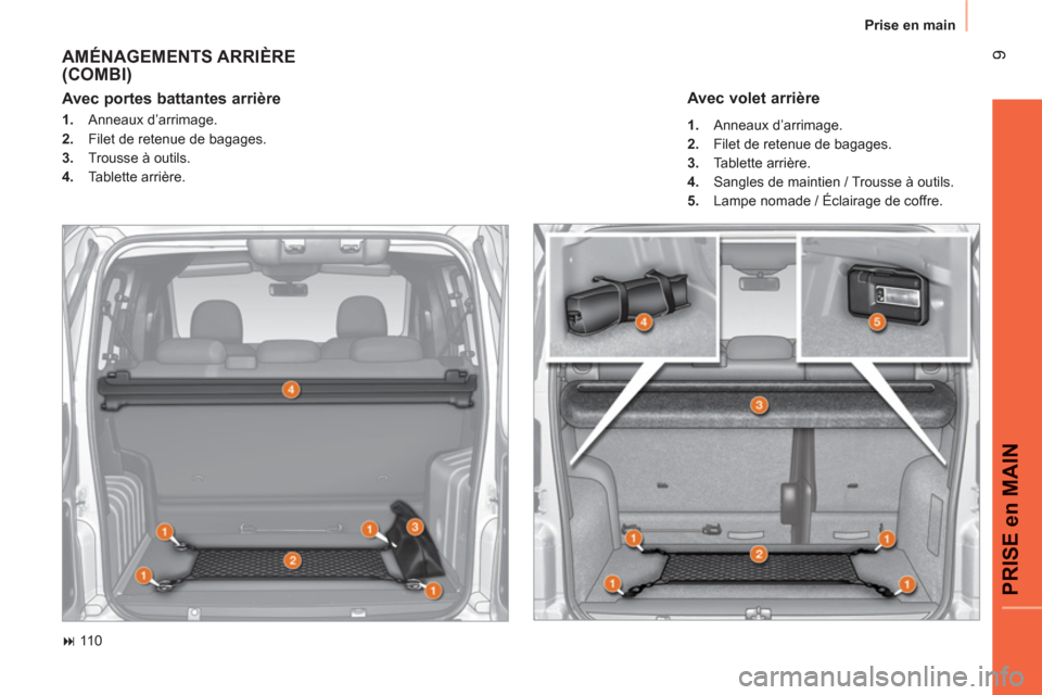 Peugeot Bipper 2011  Manuel du propriétaire (in French) 9
PRISE en MAI
N
Prise en main
  AMÉNAGEMENTS ARRIÈRE(COMBI)
 
 
 
� 
 110  
 
 
Avec portes battantes arrière  
 
 
 
1. 
 Anneaux d’arrimage. 
   
2. 
  Filet de retenue de bagages. 
   
3. 
 