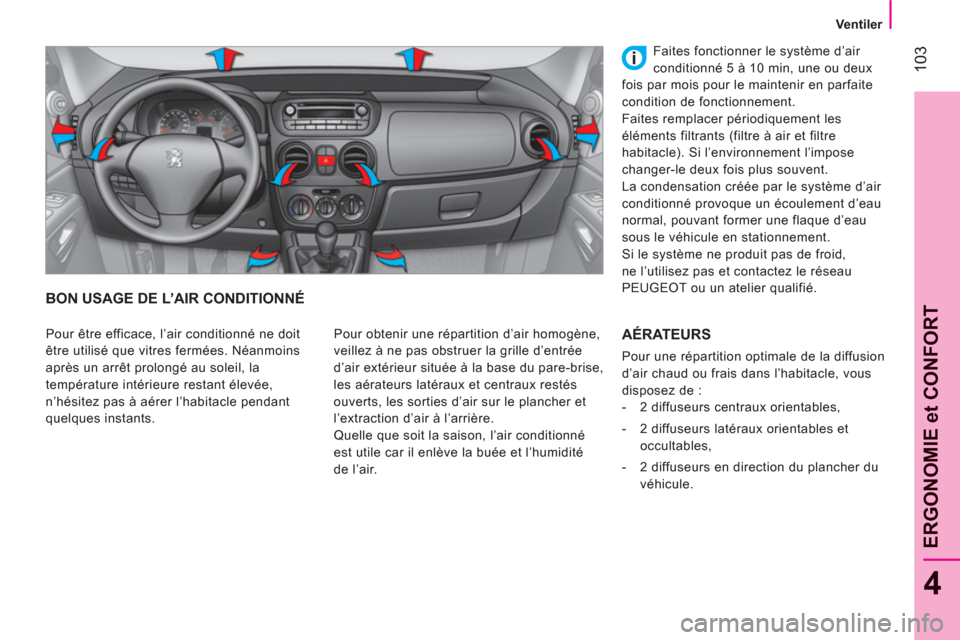 Peugeot Bipper 2011  Manuel du propriétaire (in French) 103
4
ERGONOMIE et CONFOR
T
   
 
Ventiler  
 
BON USAGE DE L’AIR CONDITIONNÉ
 
Pour obtenir une répartition d’air homogène, 
veillez à ne pas obstruer la grille d’entrée 
d’air extérieu