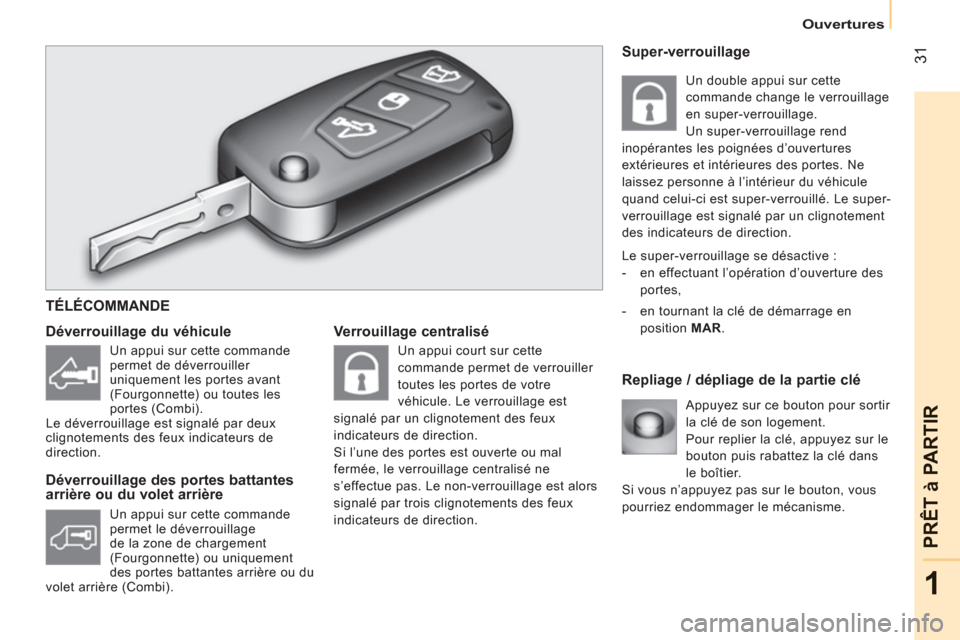 Peugeot Bipper 2011  Manuel du propriétaire (in French) 31
1
PRÊT à PARTIR
Ouvertures
   
Verrouillage centralisé 
   
Repliage / dépliage de la partie clé     
Déverrouillage du véhicule 
   
Déverrouillage des portes battantes 
arrière ou du vol