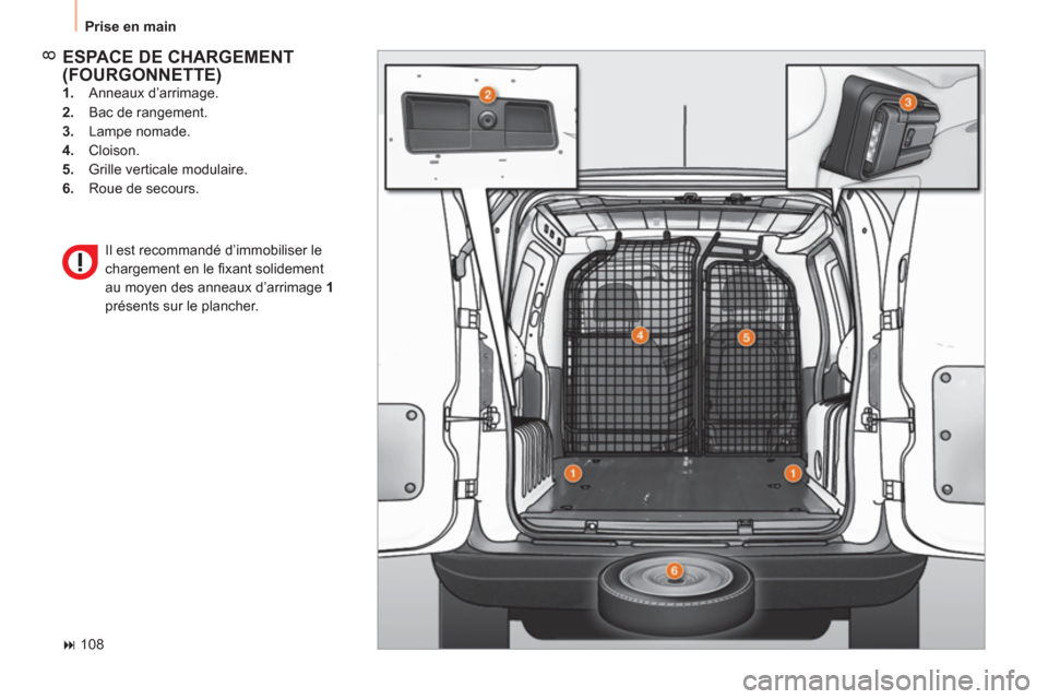 Peugeot Bipper 2011  Manuel du propriétaire (in French) 8
  Prise en main 
 
ESPACE DE CHARGEMENT(FOURGONNETTE)  
 
 
1. 
 Anneaux d’arrimage. 
   
2. 
  Bac de rangement. 
   
3. 
 Lampe nomade. 
   
4. 
 Cloison. 
   
5. 
  Grille verticale modulaire. 