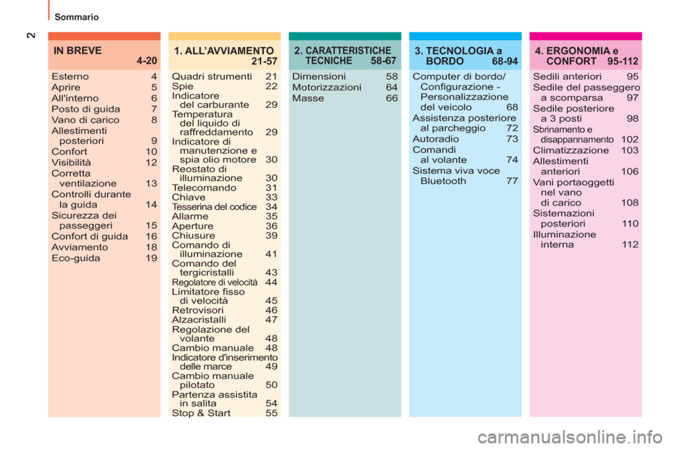 Peugeot Bipper 2011  Manuale del proprietario (in Italian)   Sommario 
2.  CARATTERISTICHE 
TECNICHE 58-674.  ERGONOMIA e 
CONFORT 95-112
Dimensioni 58
Motorizzazioni 64
Masse 66 Esterno 4
Aprire 5
Allinterno 6
Posto di guida  7
Vano di carico  8
Allestiment