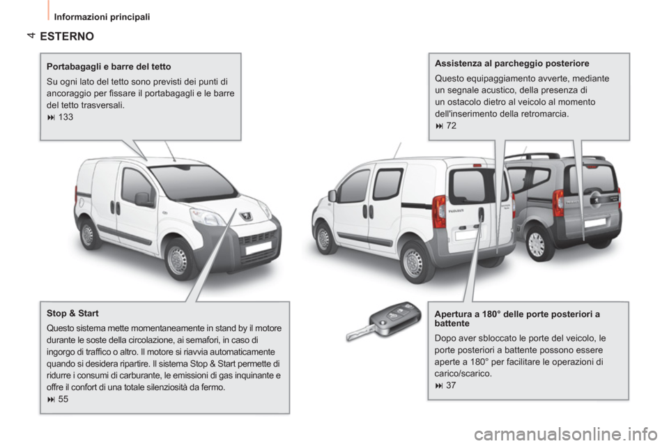 Peugeot Bipper 2011  Manuale del proprietario (in Italian) 4
  Informazioni principali 
 
ESTERNO
 
 
Portabagagli e barre del tetto 
  Su ogni lato del tetto sono previsti dei punti di 
ancoraggio per ﬁ ssare il portabagagli e le barre 
del tetto trasversa