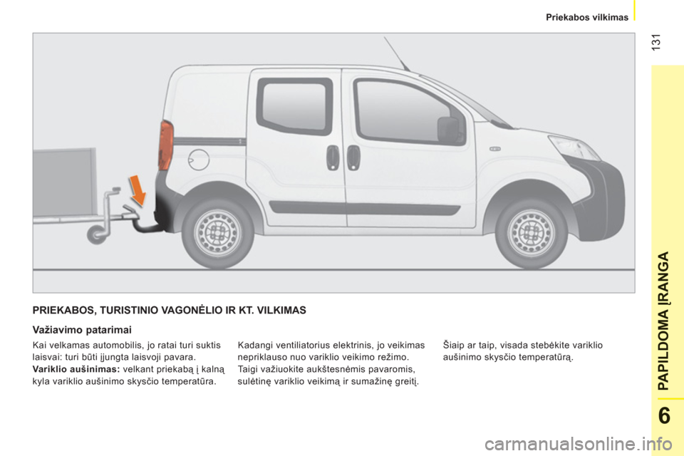 Peugeot Bipper 2011 Savininko vadovas (in Lithuanian) 131
6
PAPILDOMA
ĮRANG
A
Priekabos vilkimas
PRIEKABOS, TURISTINIO VAGONĖLIO IR KT. VILKIMAS
Važiavimo patarimai
Kadangi ventiliatorius elektrinis, jo veikimas
nepriklauso nuo var Peugeot Bipper 2011 Savininko vadovas (in Lithuanian) 131
6
PAPILDOMA
ĮRANG
A
Priekabos vilkimas
PRIEKABOS, TURISTINIO VAGONĖLIO IR KT. VILKIMAS
Važiavimo patarimai
Kadangi ventiliatorius elektrinis, jo veikimas
nepriklauso nuo var