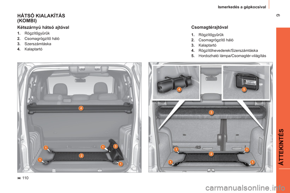 Peugeot Bipper 2011  Kezelési útmutató (in Hungarian) 9
ÁTTEKINTÉ
S
  Ismerkedés a gépkocsival 
 
HÁTSÓ KIALAKÍTÁS (KOMBI)
 
 
 
� 
 110  
 
 
Kétszárnyú hátsó ajtóval  
 
 
 
1. 
 Rögzítőgyűrűk 
   
2. 
 Csomagrögzítő háló 
   
