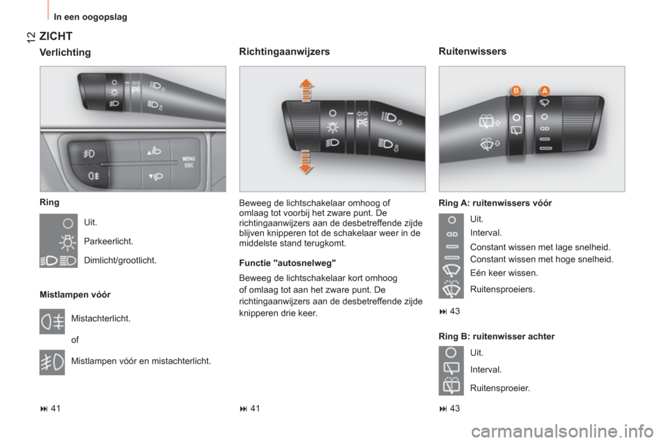 Peugeot Bipper 2011  Handleiding (in Dutch) 12
  In een oogopslag
 
ZICHT 
 
 
Ring 
  Uit. 
  Parkeerlicht. 
  Dimlicht/grootlicht.  
   
Mistlampen vóór 
  Mistachterlicht. 
  of 
  Mistlampen vóór en mistachterlicht. 
   
 
� 
 41  
 
 
