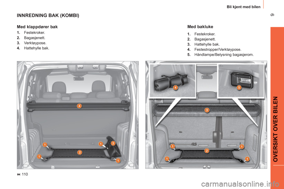 Peugeot Bipper 2011  Brukerhåndbok (in Norwegian) 9
OVERSIKT OVER BILE
N
  Bli kjent med bilen
 
INNREDNING BAK (KOMBI)
 
 
 
� 
 110  
 
 
Med klappdører bak  
 
 
 
1. 
 Festekroker. 
   
2. 
 Bagasjenett. 
   
3. 
 Verktøypose. 
   
4. 
 Hatteh