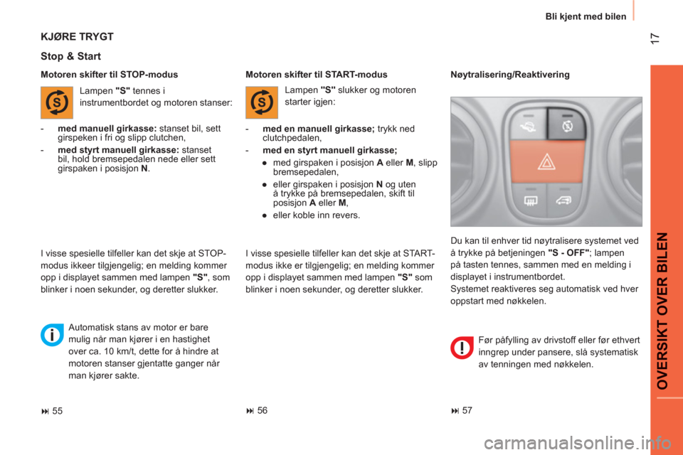 Peugeot Bipper 2011  Brukerhåndbok (in Norwegian) 17
OVERSIKT OVER BILE
N
  Bli kjent med bilen
   
Motoren skifter til STOP-modus 
 
 
Stop & Start 
 
 
 
-   med en manuell girkasse; 
 trykk ned 
clutchpedalen, 
   
-   med en styrt manuell girkass