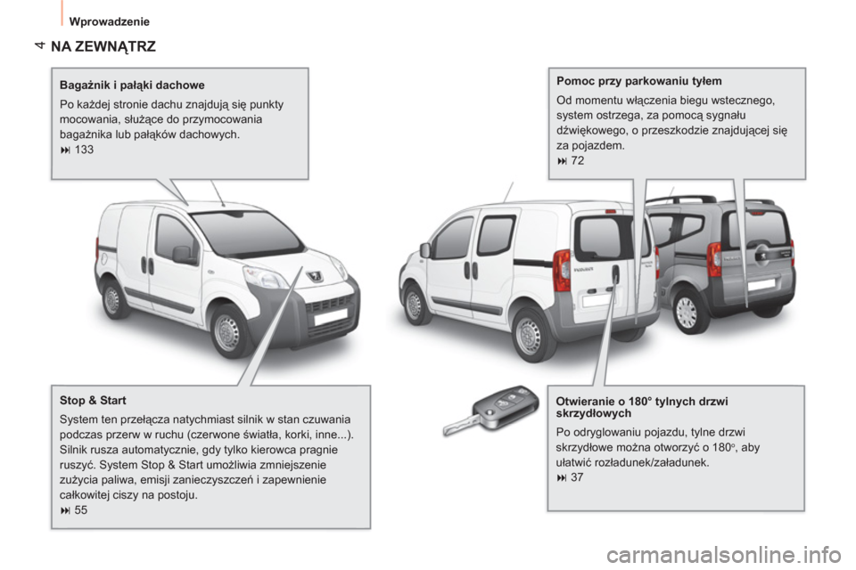 Peugeot Bipper 2011  Instrukcja Obsługi (in Polish) 4
  Wprowadzenie 
 
NA ZEWNĄTRZ
 
 
Bagażnik i pałąki dachowe 
  Po każdej stronie dachu znajdują się punkty 
mocowania, służące do przymocowania 
bagażnika lub pałąków dachowych. 
   
 