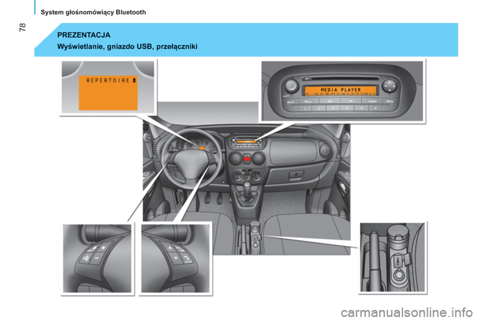 Peugeot Bipper 2011  Instrukcja Obsługi (in Polish) 78
   
System głośnomówiący Bluetooth  
 
PREZENTACJA 
 
 
Wyświetlanie, gniazdo USB, przełączniki   